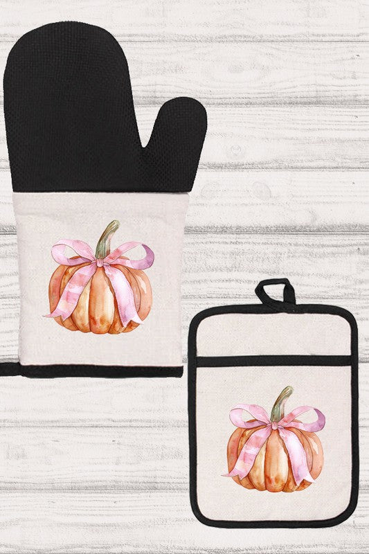 Fall Cute Pumpkin Pink Bow Oven Mitt Glove