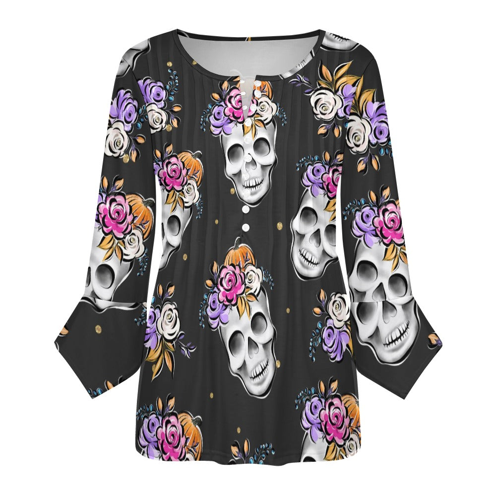 Floral Skulls Ruffled Petal Sleeve Top