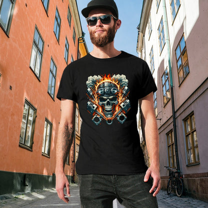 Flaming Skull and Pistons Men's T-shirt 100% Cotton