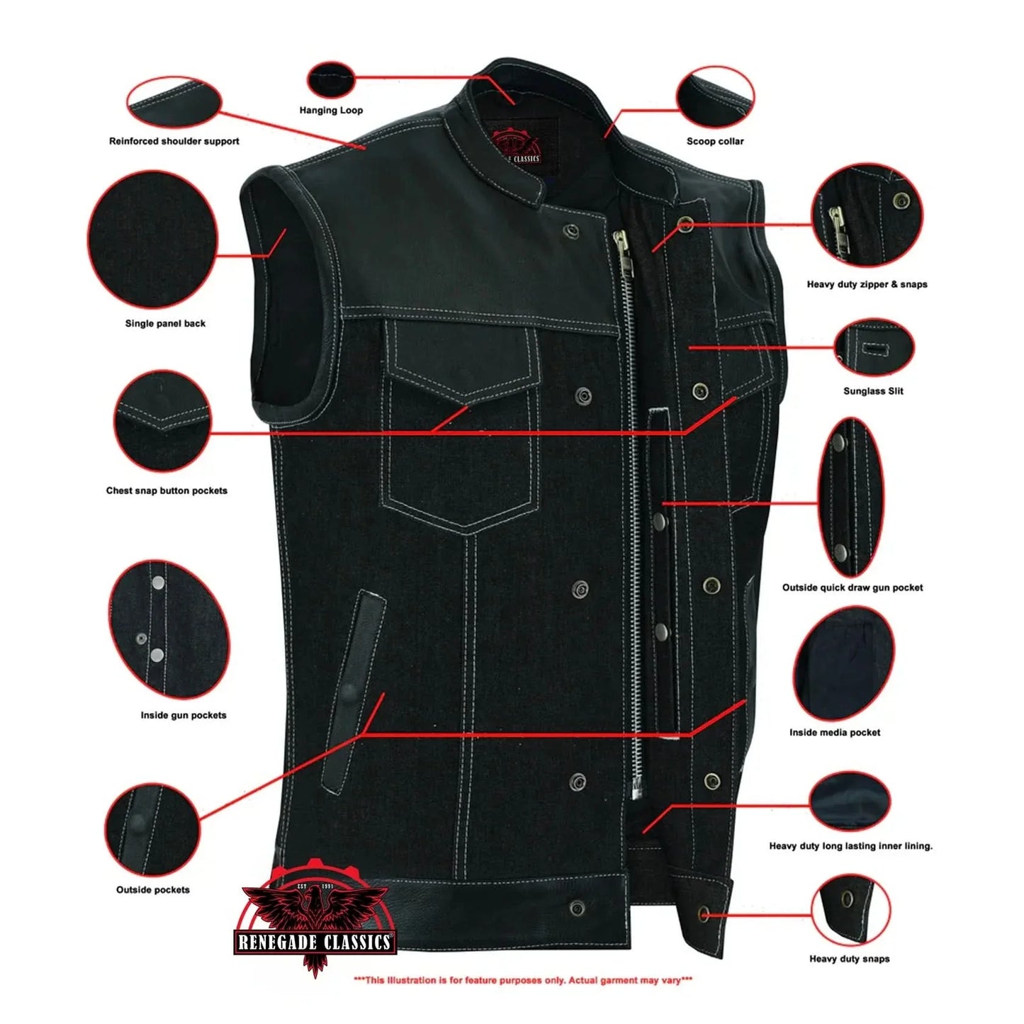 Men's Leather-Denim Combo Motorcycle Vest w/ Scoop Collar