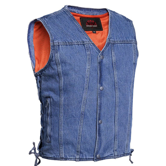 Men's Blue Denim Motorcycle Vest with Lace & Pockets