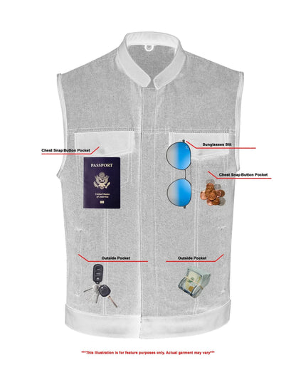 Men's Upgraded Broken Blue Denim Motorcycle Vest w/Leather Trimming