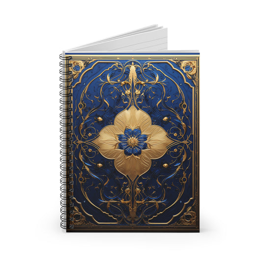 Ornate Blue & Gold Floral Spiral Notebook — Elegant Ruled Journal