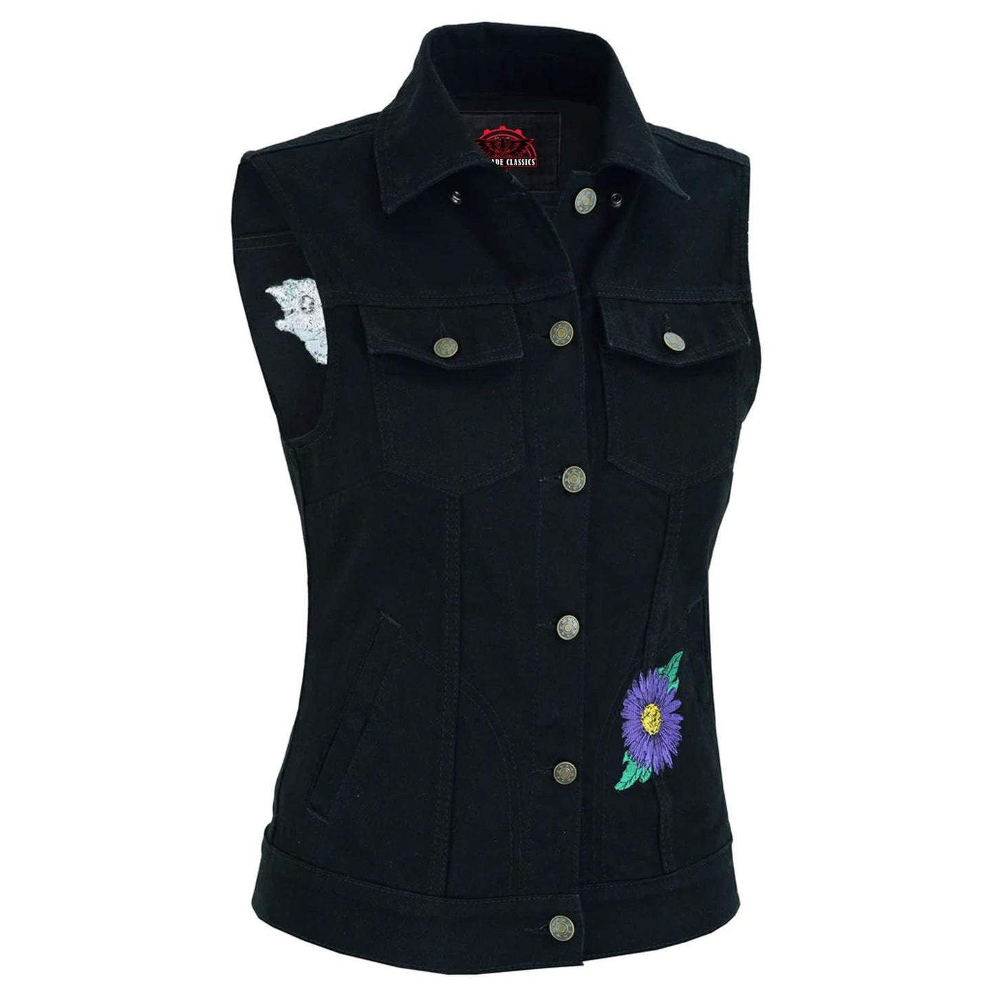 Women's Black Denim Snap Front Vest with Purple Daisy