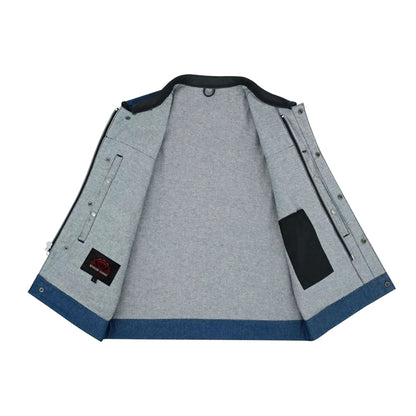 Men's Upgraded Broken Blue Denim Motorcycle Vest w/Leather Trimming