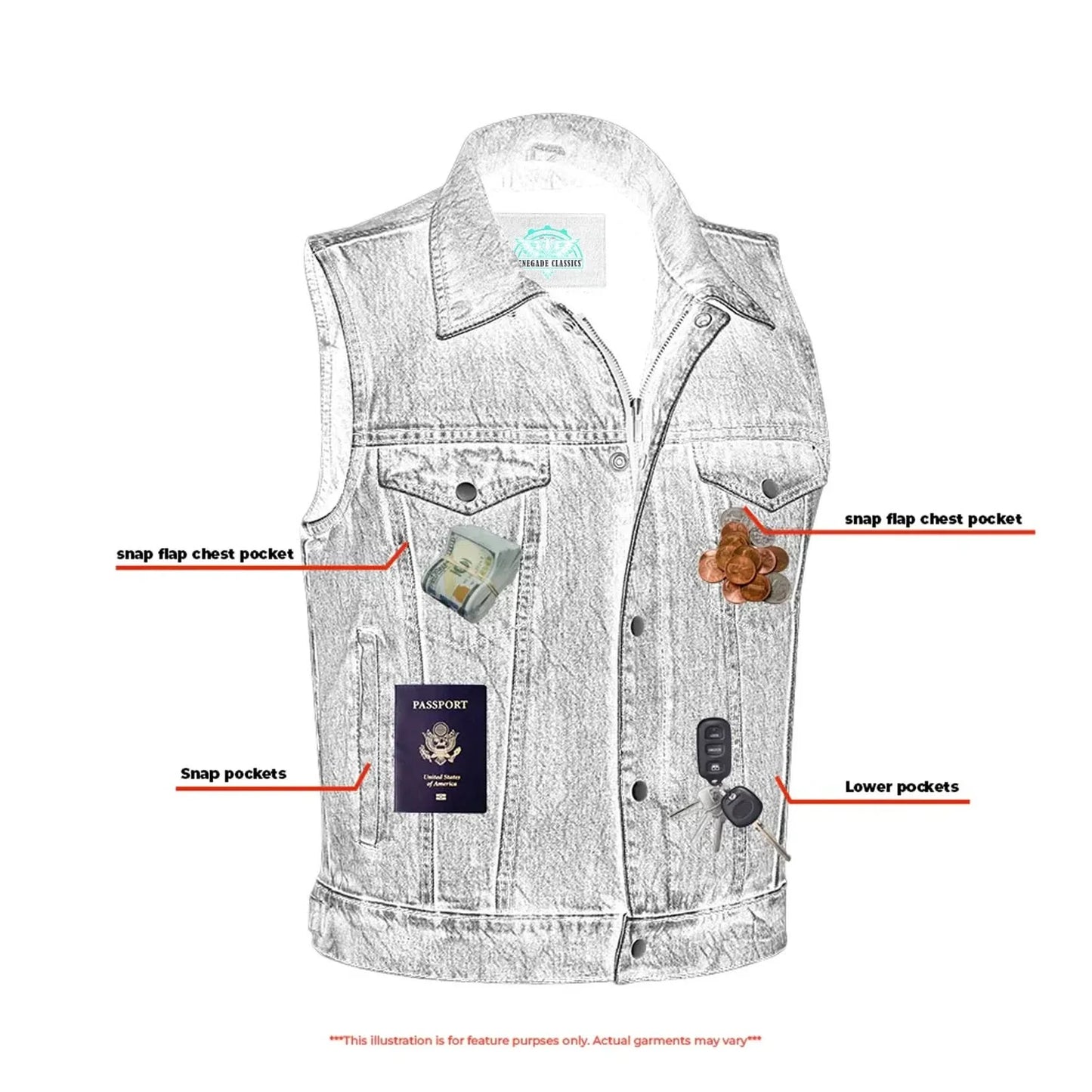 Blue Men's  denim motorcycle vest with Snap/Zipper Front