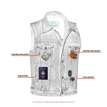 Blue Men's  denim motorcycle vest with Snap/Zipper Front