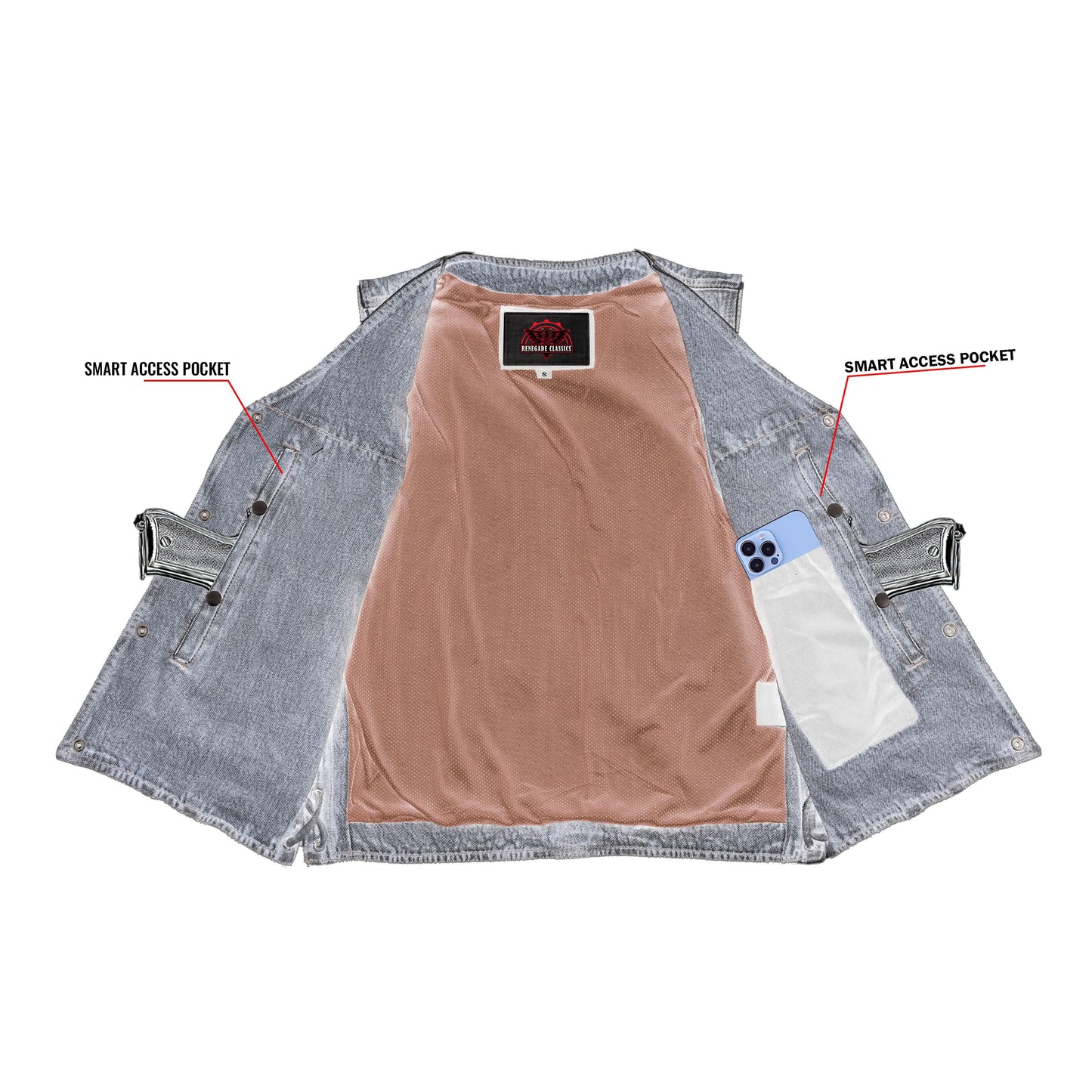 Men's Blue Denim Motorcycle Vest with Lace & Pockets