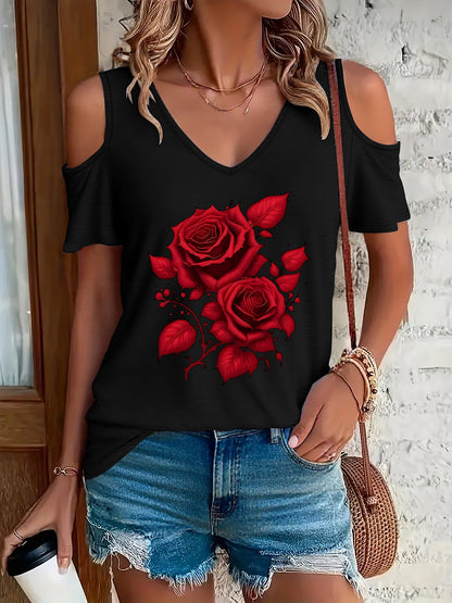 Red Rose Off Shoulder Tee