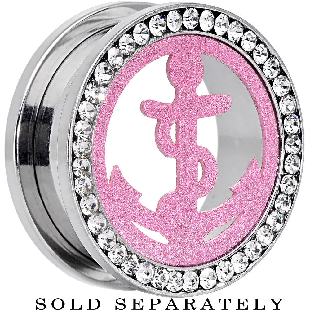 7/8 Stainless Steel Clear Gem Pink Anchor Tunnel Plug