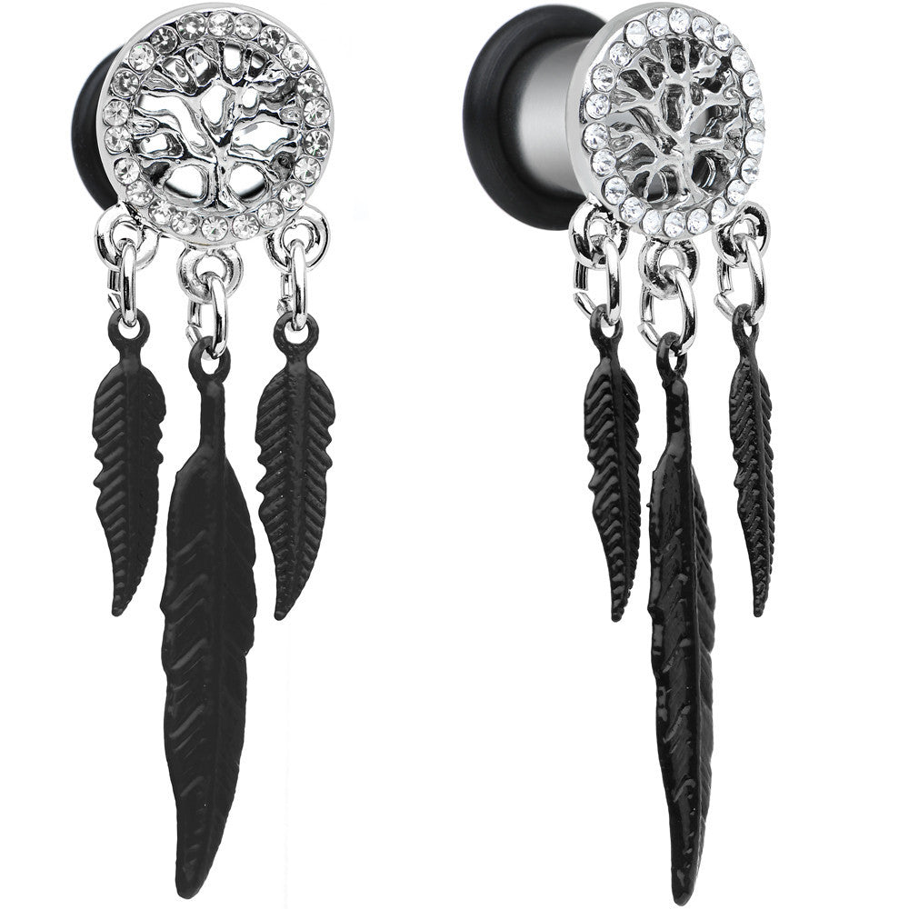 0G Clear Gem Steel Single Flare Tree of Life Dangle Plug Set