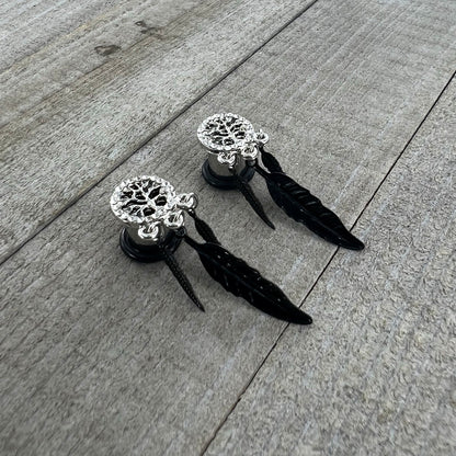 0G Clear Gem Steel Single Flare Tree of Life Dangle Plug Set