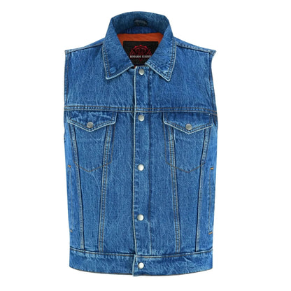 Blue Men's  denim motorcycle vest with Snap/Zipper Front