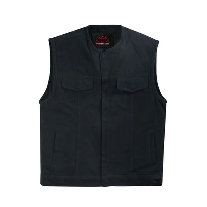 Mens Black Denim Motorcycle Vest with Concealed Snaps & Zipper