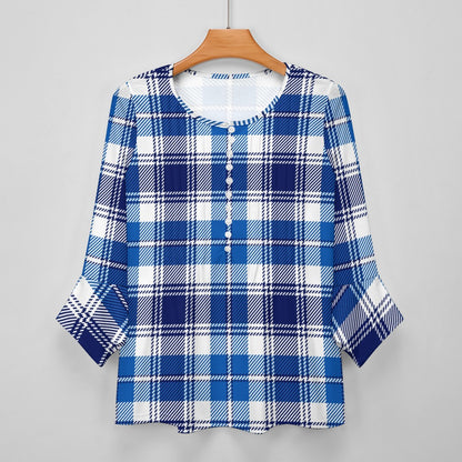 Blue Plaid Ruffled Petal Sleeve Top