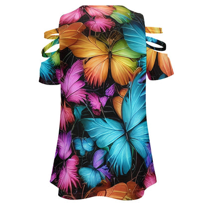 Ladies Colorful Butterfly BE Zip Off Shoulder Top