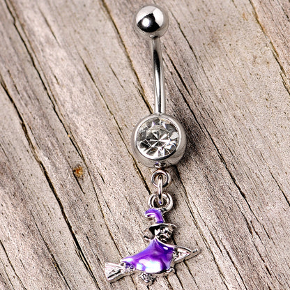 Clear Gem Blue Flying Witch Halloween Dangle Belly Ring