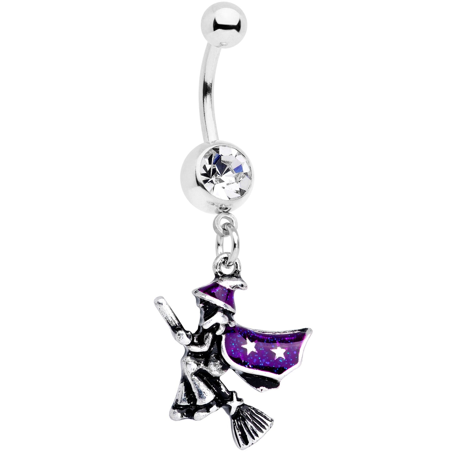 Clear Gem Purple Witch Broom Halloween Dangle Belly Ring
