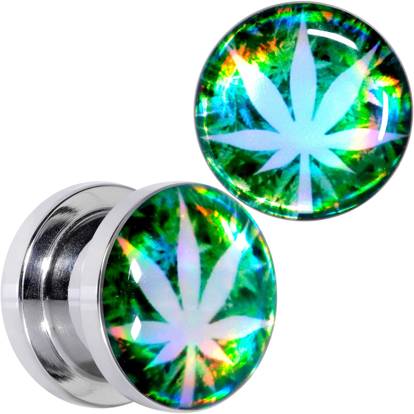 Green Hologram Marijuana Weed Leaf Screw Fit Plug Set 6G to 1 Inch