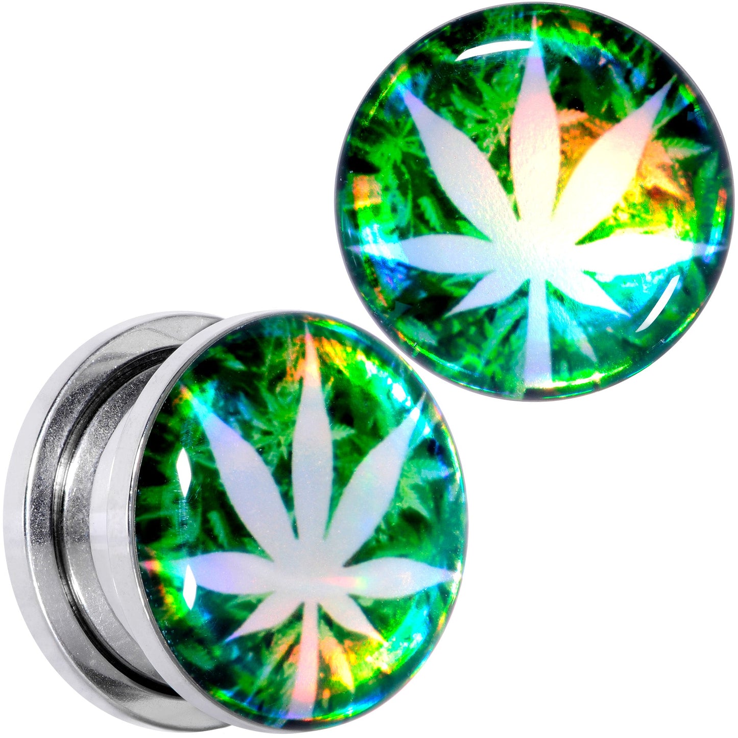 Green Hologram Marijuana Weed Leaf Screw Fit Plug Set 6G to 1 Inch