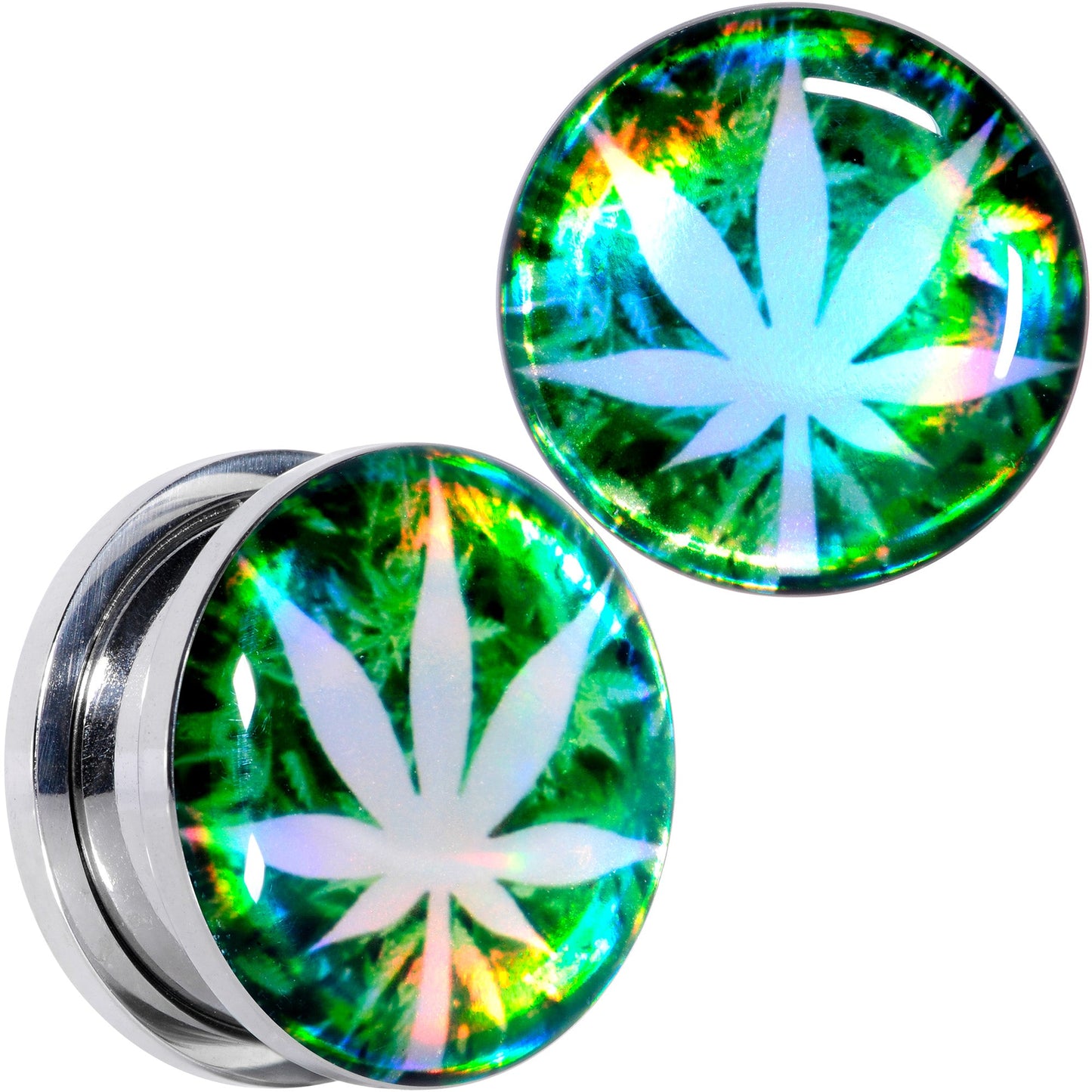 Green Hologram Marijuana Weed Leaf Screw Fit Plug Set 6G to 1 Inch