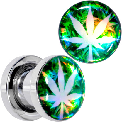 Green Hologram Marijuana Weed Leaf Screw Fit Plug Set 6G to 1 Inch