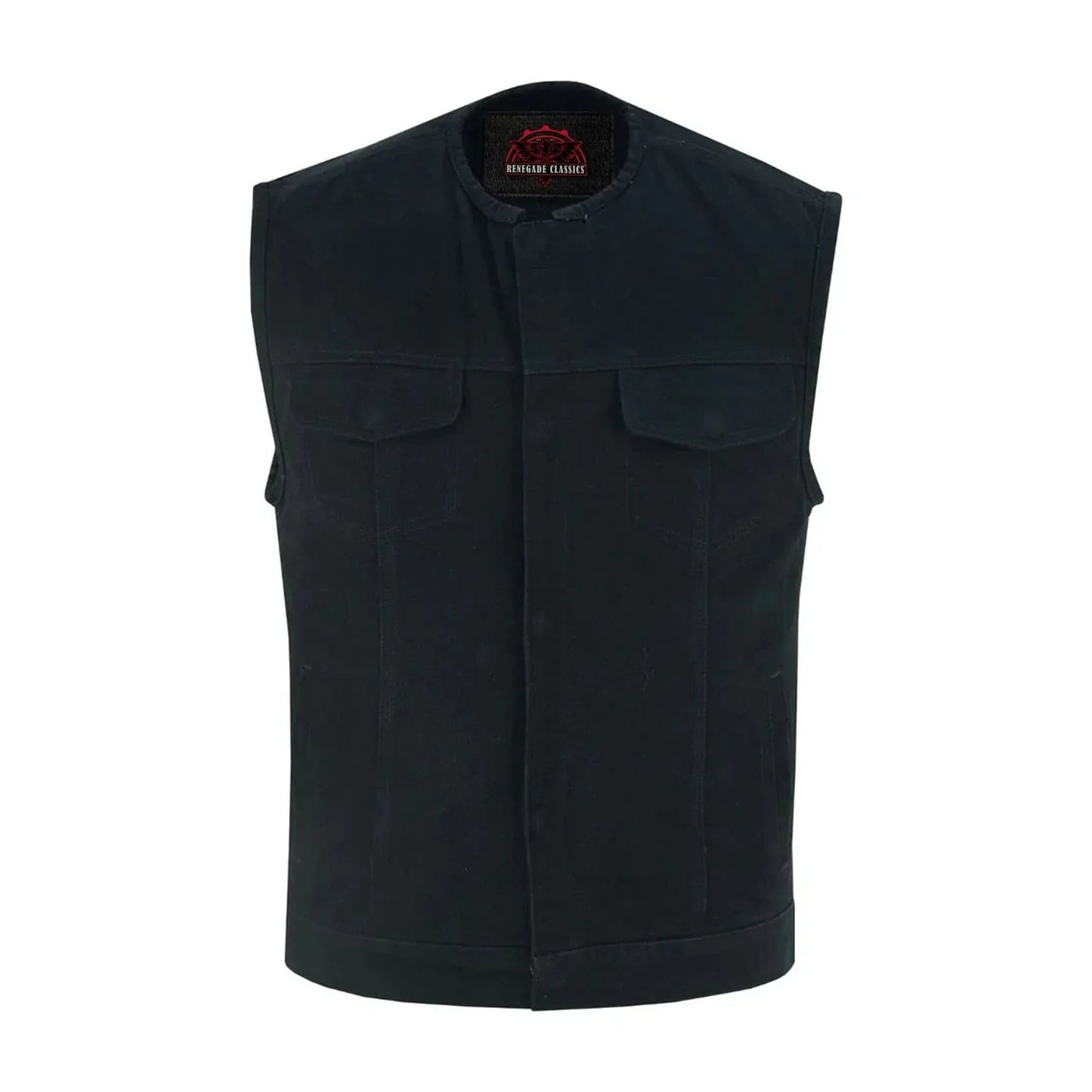 Mens Black Denim Motorcycle Vest with Concealed Snaps & Zipper