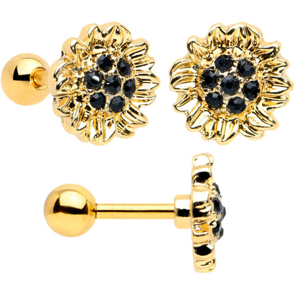 16G 1/4 Black CZ Gem Gold Tone Beehive Cartilage Earring Set of 3