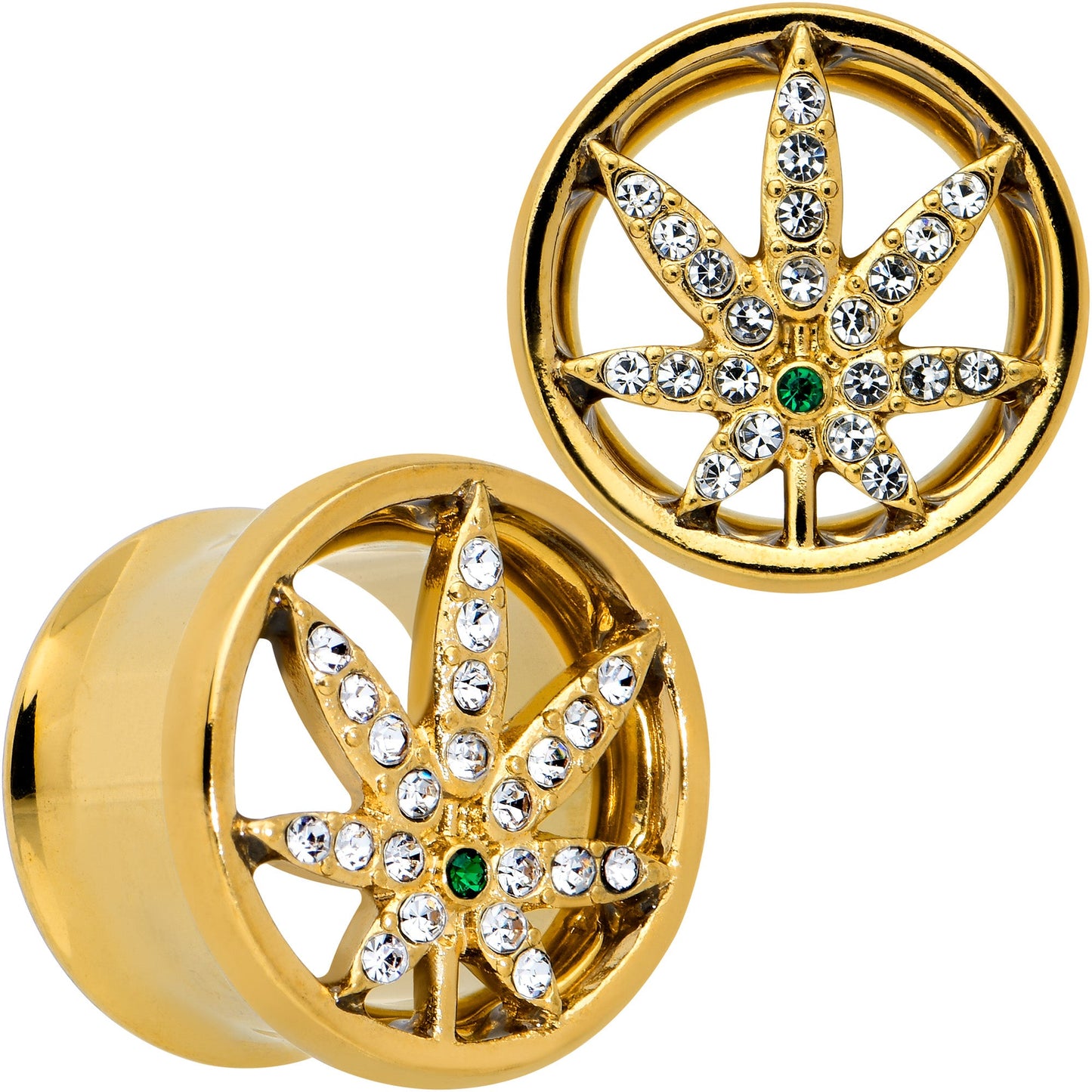 Green Gem Gold Tone Pot Leaf Double Flare Tunnel Plug Set