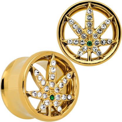 Green Gem Gold Tone Pot Leaf Double Flare Tunnel Plug Set