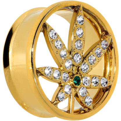 Green Gem Gold Tone Pot Leaf Double Flare Tunnel Plug Set