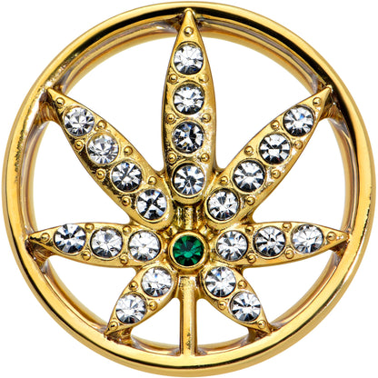 Green Gem Gold Tone Pot Leaf Double Flare Tunnel Plug Set
