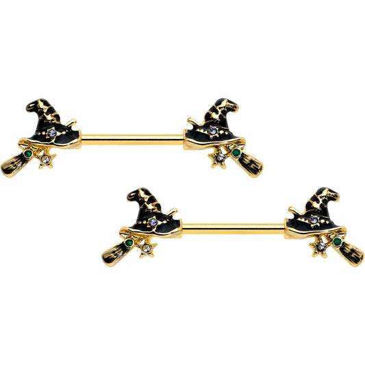 14G 9/16 Clear Gem Gold Tone Witch Hat Broom Nipple Ring Set