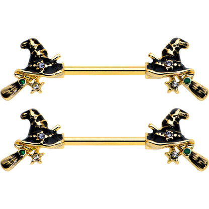 14G 9/16 Clear Gem Gold Tone Witch Hat Broom Nipple Ring Set