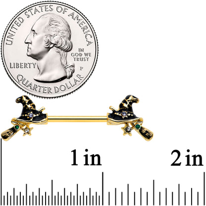 14G 9/16 Clear Gem Gold Tone Witch Hat Broom Nipple Ring Set