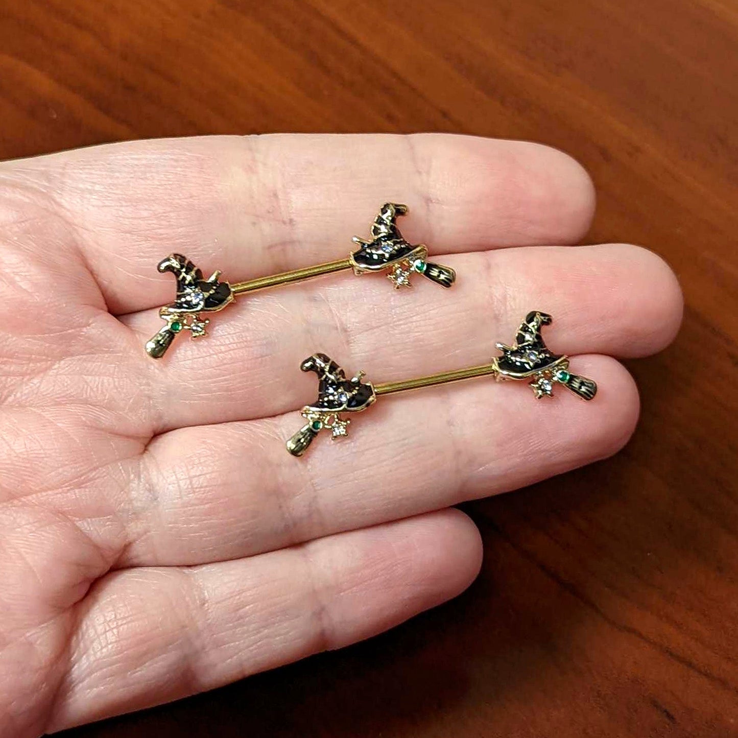 14G 9/16 Clear Gem Gold Tone Witch Hat Broom Nipple Ring Set