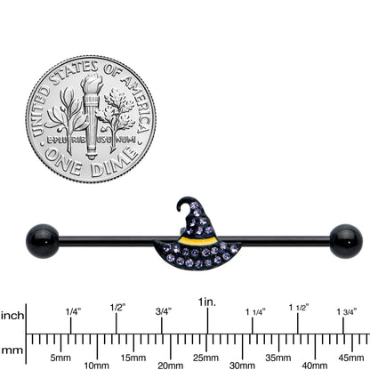 14G Clear Gem Black Witch Hat Halloween Industrial Barbell 38mm