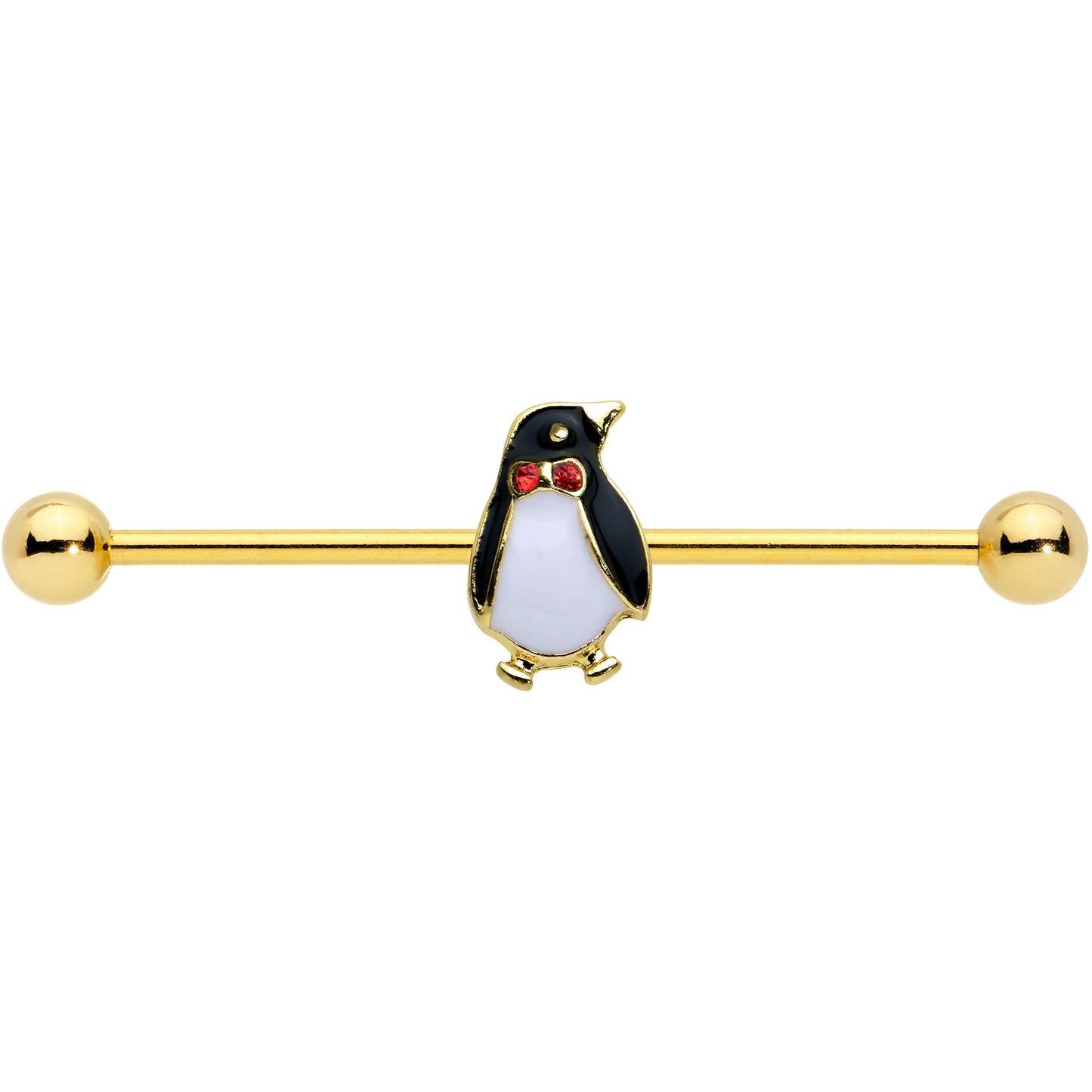 14G Red Gem Gold Tone Bow Tie Penguin Industrial Barbell 38mm