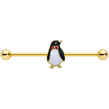 14G Red Gem Gold Tone Bow Tie Penguin Industrial Barbell 38mm