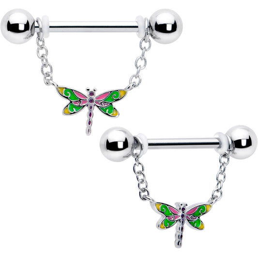 14G 9/16 Dragonfly Colors Chain Dangle Nipple Ring Set