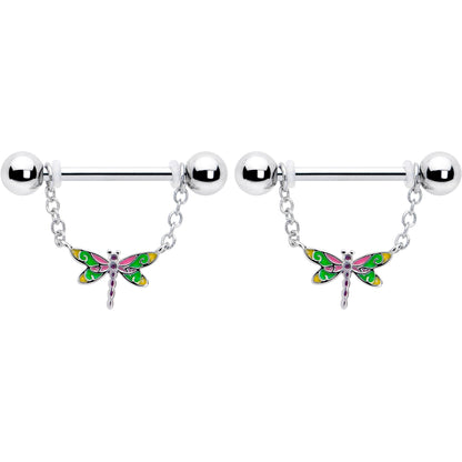 14G 9/16 Dragonfly Colors Chain Dangle Nipple Ring Set
