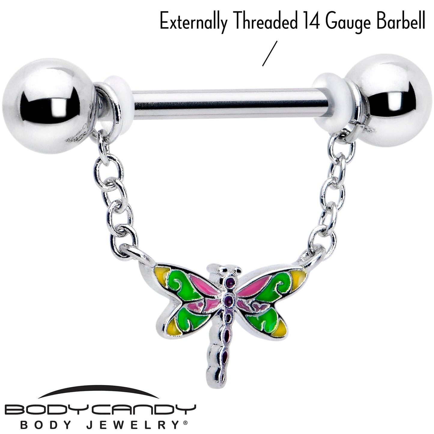 14G 9/16 Dragonfly Colors Chain Dangle Nipple Ring Set
