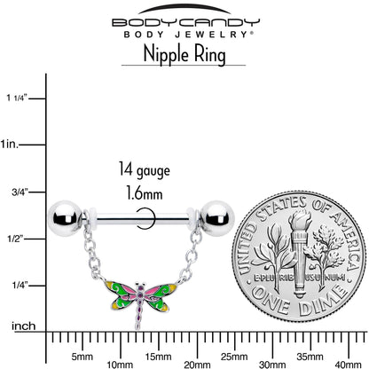 14G 9/16 Dragonfly Colors Chain Dangle Nipple Ring Set