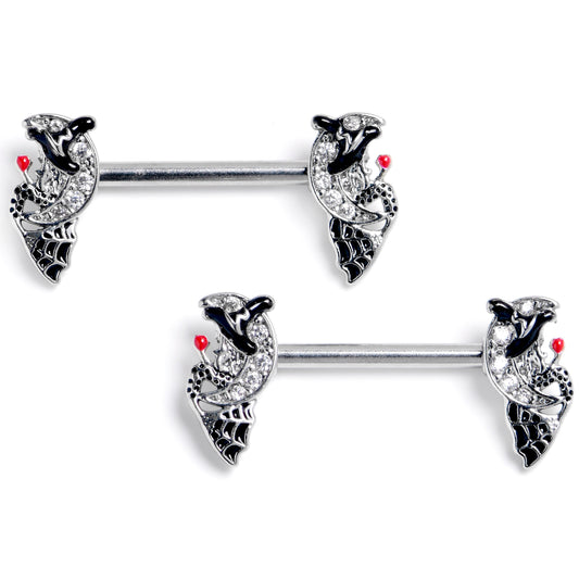 14G 9/16 Clear Gem Crescent Moon Witch Barbell Nipple Ring Set