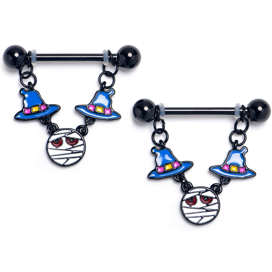 14G 9/16 Witch Hat Mummy Chain Dangle Nipple Ring Set