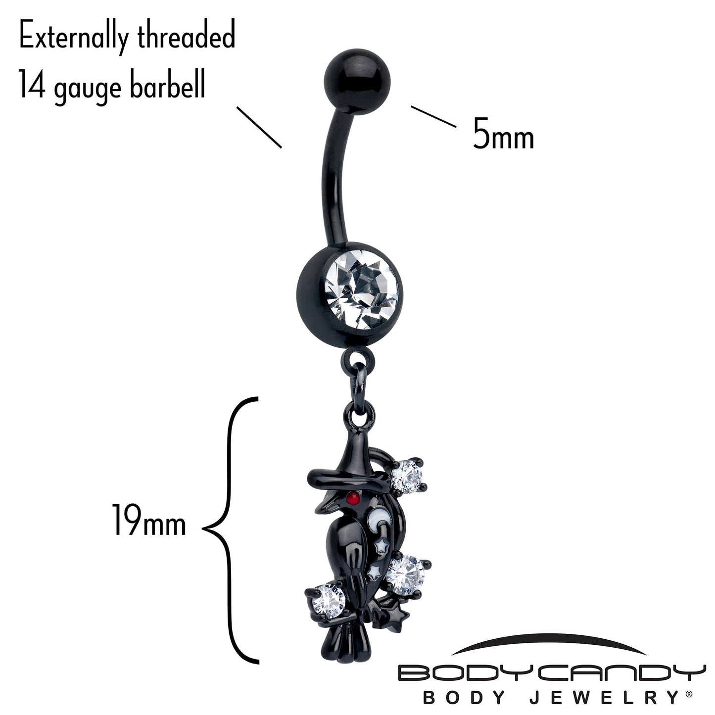 Clear CZ Gem Black Raven Witch Dangle Belly Ring