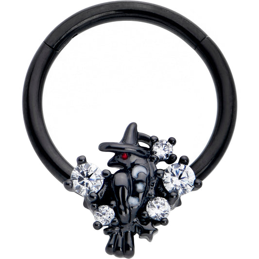 16G 3/8 Clear CZ Gem Black Raven Witch Hinged Segment Ring