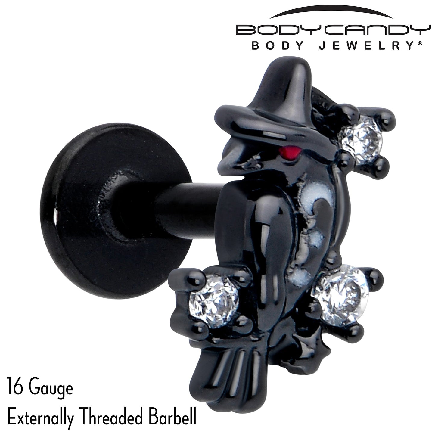 16G 1/4 Clear CZ Gem Black Raven Witch Labret Monroe Tragus