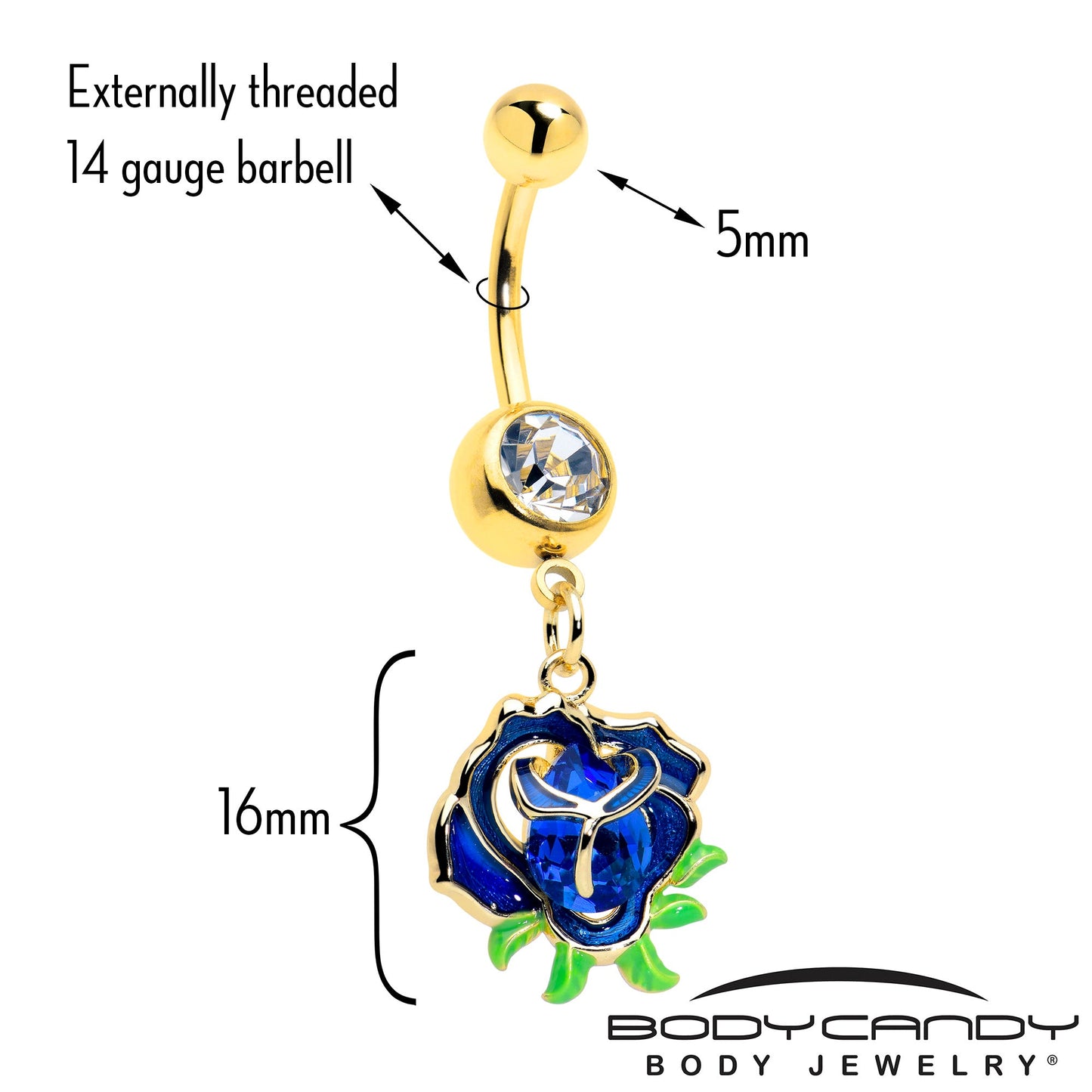 Blue Gem Gold Tone Deep Blue Flower Dangle Belly Ring