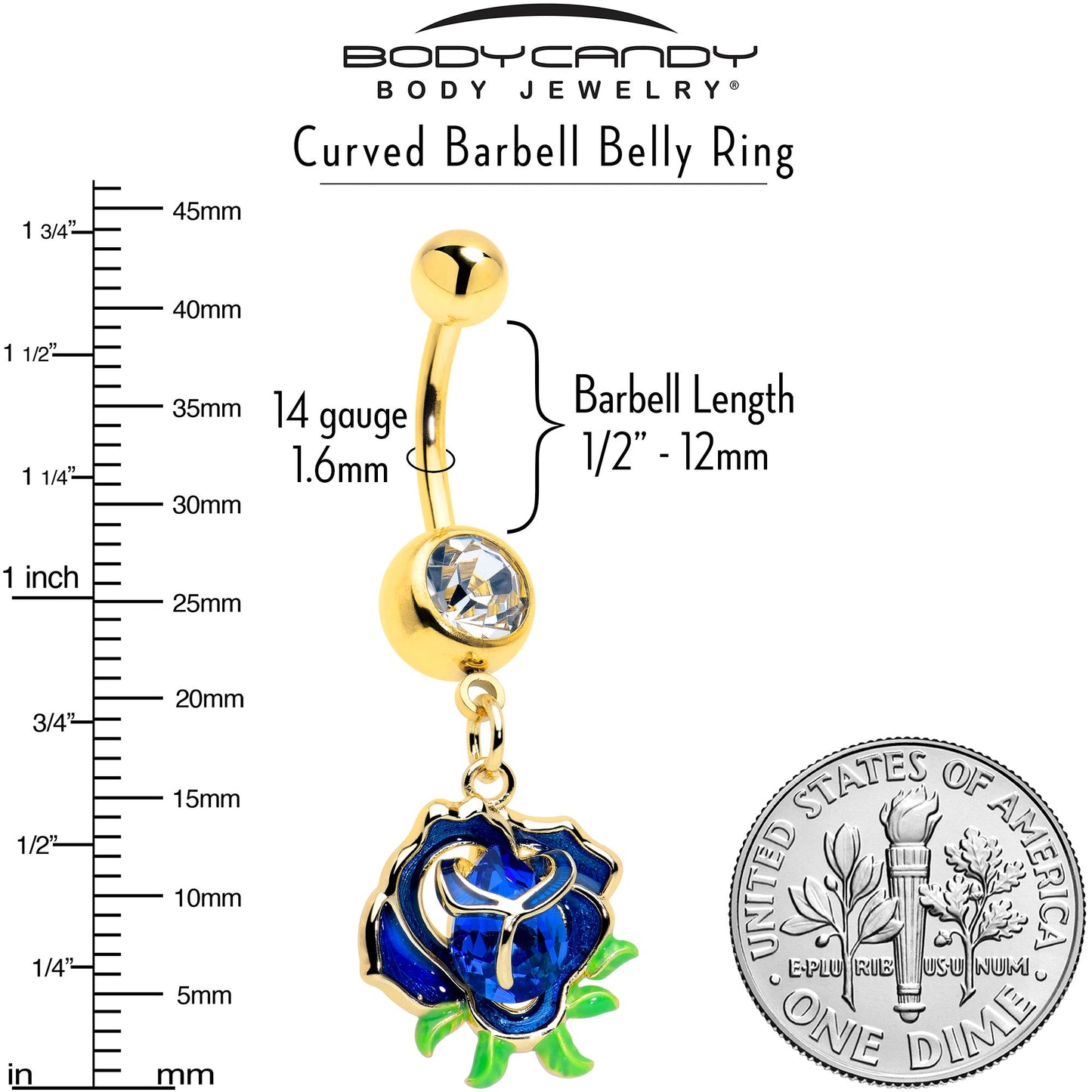 Blue Gem Gold Tone Deep Blue Flower Dangle Belly Ring